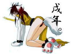 Rule 34 | 1boy, all fours, anal, anal object insertion, anal tail, animal ears, ass, butt plug, collar, embarrassed, fake tail, fox, fox ears, fox tail, full body, gradient background, kurama (yu yu hakusho), leash, long hair, male focus, male penetrated, object insertion, red hair, sex toy, shy, slave, solo, tail, underwear, white background, yuu yuu hakusho