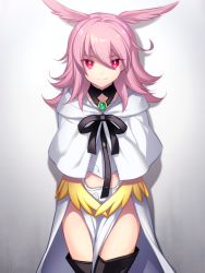 Rule 34 | 1girl, 7dango7, against wall, arms behind back, black legwear, black ribbon, cape, capelet, closed mouth, commentary request, fate/grand order, fate (series), gem, hair between eyes, head wings, hildr (fate), hood, hood down, hooded capelet, jewelry, long hair, looking at viewer, neck ribbon, pelvic curtain, pink hair, pink wings, red eyes, ribbon, simple background, smile, solo, valkyrie (fate), white background, white cape, white capelet, wings