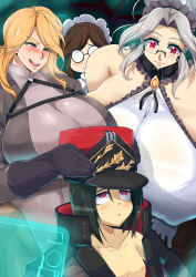 Rule 34 | 1boy, 3girls, bare shoulders, blonde hair, blush, bodysuit, breasts, cape, closed mouth, commander (last origin), constantia s2, dress, gigantic breasts, glasses, gloves, green hair, hat, highres, huge breasts, impossible clothes, indomitable marie, labiata (last origin), last origin, leotard, long hair, looking at another, looking down, maid, matsumoto katsuya, mature female, multiple girls, naughty face, nipples, open mouth, parted bangs, ponytail, red eyes, shiny skin, smile, sweat, thick eyebrows, thick thighs, thighs, tight clothes, translation request, trap, uniform, white hair, you gonna get raped