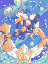 Rule 34 | 1girl, alternate costume, alternate hair color, alternate hairstyle, armor, blue eyes, blue hair, bubble, hammer, league of legends, long hair, magical girl, pointy ears, poppy (league of legends), siann, skirt, star guardian (league of legends), star guardian poppy, twintails, yordle