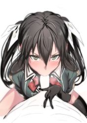 Rule 34 | 10s, 1boy, 1girl, :&gt;=, bad id, bad twitter id, black hair, blush, bow, bowtie, elbow gloves, fellatio, from above, glaring, gloves, green eyes, hair between eyes, hair ribbon, hetero, kantai collection, long hair, looking at viewer, oral, partially colored, penis, pov, pov crotch, red bow, red bowtie, remodel (kantai collection), ribbon, single elbow glove, single thighhigh, solo focus, tearing up, tears, thighhighs, tone (kancolle), twintails, ulrich (tagaragakuin), white ribbon