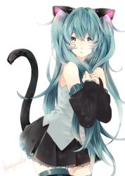 Rule 34 | 1girl, animal ears, bad id, bad pixiv id, cat ears, cat tail, detached sleeves, green eyes, green hair, hands on own chest, hatsune miku, highres, kuronyanko, long hair, looking at viewer, matching hair/eyes, nail polish, necktie, skirt, solo, tail, thighhighs, very long hair, vocaloid, white background