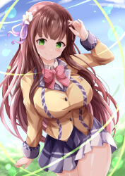 Rule 34 | 1girl, arm up, blue skirt, blue sky, blush, bow, breasts, brown hair, brown jacket, closed mouth, cloud, collared shirt, commentary request, dated, day, diagonal-striped bow, flower, gochuumon wa usagi desu ka?, green eyes, hair flower, hair ornament, hair ribbon, highres, jacket, large breasts, long hair, looking at viewer, outdoors, pink bow, pleated skirt, purple ribbon, ribbon, school uniform, shirt, signature, skirt, sky, smile, solo, striped, twitter username, ujimatsu chiya, very long hair, white flower, white shirt, xenon (for achieve)