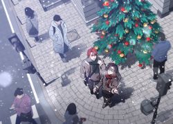 Rule 34 | 3girls, 4boys, absurdres, black hair, blue eyes, bosssama, christmas, christmas ornaments, christmas tree, copyright request, from above, green scarf, highres, jacket, korean commentary, long hair, looking up, multiple boys, multiple girls, purple eyes, red hair, red scarf, road, scarf, short hair, sidewalk, snowing, street