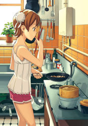 Rule 34 | 1girl, bamboo steamer, bottle, brown eyes, brown hair, bun cover, camisole, chopsticks, cooking, cutting board, day, food, fork, frying pan, indoors, katou akatsuki, kitchen, knife, ladle, licking, morning on earth, octagon and dot, plant, pot, profile, shadow, short hair, shorts, solo, spatula, spoon, tasting, tile floor, tiles, tongue, window, wok