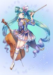 Rule 34 | 1girl, absurdres, blue background, blue eyes, blue hair, boots, cello, choker, collarbone, full body, gradient background, gradient hair, hat, hatsune miku, hatsune speed: hatsune miku roller skating music, highres, hiroshi taeru qwq, holding, holding instrument, instrument, knee boots, long hair, looking at viewer, miniskirt, multicolored hair, musical note, skirt, smile, solo, two-tone hair, very long hair, vocaloid, white footwear, white hat