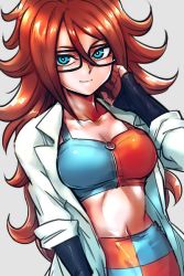 Rule 34 | 1girl, adapted costume, android 21, black-framed eyewear, blue eyes, bra, breasts, brown hair, checkered bra, checkered clothes, cleavage, closed mouth, collarbone, commentary request, curly hair, detached sleeves, dragon ball, dragon ball fighterz, dress, glasses, kemachiku, lab coat, long hair, looking at viewer, medium breasts, navel, simple background, smile, solo, sports bra, two-tone sports bra, underwear, upper body, very long hair