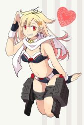 Rule 34 | 10s, 1girl, ahoge, bikini, blonde hair, blunt bangs, bow, bra, breasts, cleavage, collar, commentary request, controller, fang, fingerless gloves, gloves, grin, hair flaps, hair ornament, hair ribbon, hairclip, heart, kantai collection, lace, lace-trimmed bra, lace-trimmed panties, lace trim, long hair, looking at viewer, multicolored hair, panties, pink hair, red eyes, remote control, ribbon, salute, scarf, smile, solo, suetake (kinrui), swimsuit, torpedo, underwear, underwear only, wrist cuffs, yuudachi (kancolle), yuudachi kai ni (kancolle)