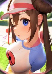 Rule 34 | 1girl, banned artist, blue eyes, breasts, brown hair, commentary, creatures (company), doorway, double bun, doughnut hair bun, english commentary, game freak, grass, hair bun, highres, jellytits-7, jewelry, large breasts, looking at viewer, necklace, nintendo, outdoors, peephole, pokemon, pokemon bw2, rosa (pokemon), solo, visor cap