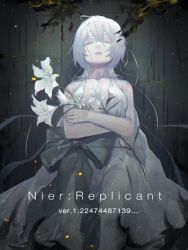 Rule 34 | 1girl, bare shoulders, bow, closed eyes, collarbone, copyright name, dress, flower, grey bow, hair between eyes, hairband, highres, holding, holding flower, large bow, long hair, nier, nier (series), hugging object, parted lips, satome setsuko, shiny skin, solo, white dress, white flower, white hairband