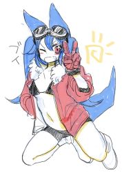 Rule 34 | chibimon, digimon, goggles, goggles on head, highres, jacket, open mouth, simple background, v