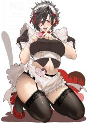 1girl apron black_hair blush breasts chocolate crop_top final_fantasy final_fantasy_xiv fork garter_belt garter_straps hair_between_eyes heart heart_hands highres kneeling large_breasts looking_at_viewer maid_apron maid_headdress mary_janes medium_hair midriff mole mole_under_eye navel pink_eyes red_shoes shishamo_712 shoes simple_background smile solo thick_thighs thighs warrior_of_light_(ff14) white_background wrist_cuffs