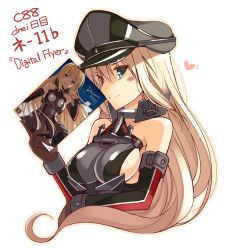 Rule 34 | 10s, 1girl, anchor, bare shoulders, bismarck (kancolle), blonde hair, blue eyes, blush, breasts, brown gloves, detached sleeves, gloves, hat, heart, kantai collection, large breasts, long hair, looking at viewer, military, military hat, military uniform, ohta yuichi, peaked cap, sideboob, simple background, smile, solo, uniform, white background