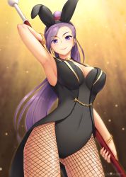 Rule 34 | 1girl, animal ears, arm up, armpits, asymmetrical bangs, blush, breasts, cleavage, cowboy shot, dated, dragon quest, dragon quest xi, fake animal ears, gradient background, head tilt, large breasts, leotard, long hair, looking at viewer, martina (dq11), pantyhose, playboy bunny, ponytail, purple eyes, purple hair, rabbit ears, smile, solo, standing, v-shaped eyebrows, very long hair