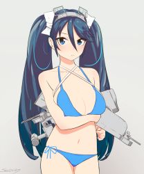 Rule 34 | 10s, 1girl, bikini, blue bikini, blue eyes, blue hair, blush, breast hold, breasts, cannon, cleavage, female focus, frown, grey background, hair between eyes, hair ornament, hair ribbon, isuzu (kancolle), kantai collection, large breasts, long hair, looking at viewer, matching hair/eyes, ribbon, side-tie bikini bottom, signature, simple background, so shina, sohin, solo, swimsuit, twintails