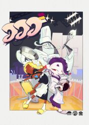 Rule 34 | 1boy, 2girls, alternate costume, apron, baking sheet, big man (splatoon), blonde hair, border, chef, chef hat, closed eyes, dress, facial hair, fangs, frye (splatoon), full body, grey border, hat, highres, indoors, japanese clothes, kimono, kitchen, maid apron, maid headdress, manta ray, mixing bowl, multiple girls, mustache, nintendo, official alternate costume, official art, open mouth, purple hair, red eyes, shiver (splatoon), slippers, smile, splatoon (series), splatoon 3, whisk