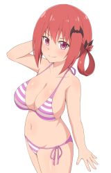 Rule 34 | 1girl, arm at side, arm behind head, arm up, bad id, bad pixiv id, bare arms, bare shoulders, bat hair ornament, bikini, blush, breasts, cleavage, closed mouth, collarbone, commentary request, cowboy shot, fang, gabriel dropout, hair between eyes, hair ornament, hair ribbon, hair rings, halterneck, highres, large breasts, looking at viewer, navel, nyaroon, pink eyes, red hair, ribbon, satanichia kurumizawa mcdowell, short hair, side-tie bikini bottom, sidelocks, simple background, skindentation, smile, solo, standing, stomach, string bikini, striped bikini, striped clothes, swimsuit, thighs, white background