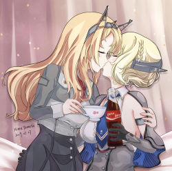 Rule 34 | 2girls, ascot, bad id, bad pixiv id, black gloves, blonde hair, blue eyes, blue neckwear, bottle, braid, breasts, brown background, capelet, closed eyes, colorado (kancolle), commentary request, cowboy shot, cup, dated, dress, elbow gloves, flower, garrison cap, gloves, gradient background, grey dress, hat, headgear, highres, himeyamato, holding, holding bottle, hug, kantai collection, kiss, kiss day, large breasts, long sleeves, military, military uniform, multiple girls, necktie, nelson (kancolle), pencil skirt, red flower, red neckwear, red rose, rose, shirt, short hair, side braids, sideboob, skirt, sleeveless, teacup, uniform, white shirt, yuri