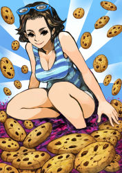 Rule 34 | 1girl, age regression, aged down, bad id, bad pixiv id, black hair, breasts, cleavage, cookie, cookie clicker, food, glasses, grandma (cookie clicker), highres, inuyou, large breasts, shirt, solo, striped clothes, striped shirt