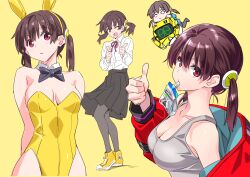 Rule 34 | 1girl, arms behind back, breasts, brown hair, character request, cleavage, drink, drinking, highres, jacket, large breasts, legs, leotard, looking at viewer, one eye closed, open clothes, open jacket, open mouth, pantyhose, pink eyes, playboy bunny, pointing, pointing at viewer, rabbit ears, school uniform, smile, solo, tank top, thighs, thumbs up, twintails, wink