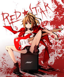 Rule 34 | 1girl, blonde hair, boots, cutoff jeans, cutoffs, electric guitar, fate/grand order, fate (series), green eyes, grin, guitar, highres, instrument, jacket, karu a miruku, looking at viewer, mordred (fate), mordred (fate/apocrypha), navel, plectrum, ponytail, red jacket, short hair, short shorts, shorts, sitting, sitting on object, smile, solo, speaker