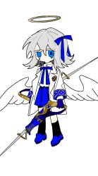 Rule 34 | 1girl, absurdres, angel, angel wings, asymmetrical legwear, badge, black socks, black thighhighs, blue bow, blue bowtie, blue eyes, blue footwear, blue sky, bow, bowtie, chinese commentary, coat, coattails, collared shirt, commentary request, cross, crying, crying with eyes open, dual wielding, full body, grey hair, hair bow, halo, high collar, highres, holding, holding sword, holding weapon, kneehighs, layered sleeves, long sleeves, medium hair, miniskirt, mismatched legwear, no mouth, open clothes, open coat, original, pleated skirt, shirt, shoes, simple background, single kneehigh, single sock, single thighhigh, skirt, sky, socks, solo, sword, teardrop, tears, thighhighs, tiankong yiji, weapon, white background, white coat, white shirt, white sleeves, white wings, wings, yellow halo