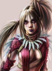 Rule 34 | 1girl, black hair, breasts, feathers, lips, makeup, nagumo (qmzp10), purple eyes, simple background, solo, soul calibur, soulcalibur, soulcalibur iv, tira (soulcalibur), twintails
