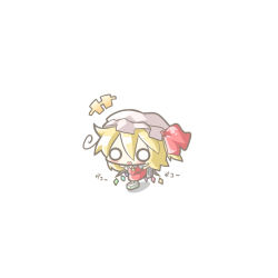 Rule 34 | 1girl, aoblue, blouse, chibi, female focus, flandre scarlet, full body, hair between eyes, hat, mob cap, o o, shirt, simple background, skating, solo, tissue, tissue box, touhou, white background, white hat, white shirt, wings