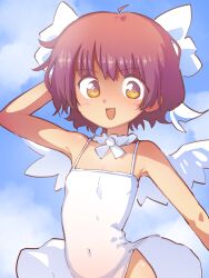 Rule 34 | 1girl, :d, ahoge, angel wings, armpits, bare shoulders, blue sky, blush, bow, breasts, cloud, covered navel, day, dress, feathered wings, hair bow, hair ribbon, highres, looking at viewer, navel, open mouth, orenji (wholesomeorenji), original, outdoors, pink hair, ribbon, short hair, sky, small breasts, smile, solo, swimsuit, white dress, white wings, wings, yellow eyes
