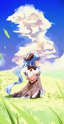 Rule 34 | 1girl, absurdres, ahoge, back, backless outfit, bare shoulders, blue hair, blue sky, cloud, day, detached sleeves, expressionless, ganyu (genshin impact), genshin impact, goat horns, grass, highres, horns, long hair, long sleeves, looking away, looking to the side, low ponytail, meadow, outdoors, profile, shoulder blades, sky, solo, standing, sunlight, very long hair, w.k, wavy hair