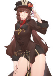 Rule 34 | 1girl, absurdres, black nails, black shorts, brown hair, brown jacket, chinese clothes, chinese commentary, contrapposto, cowboy shot, darling0221, genshin impact, grin, hand gesture, hat, highres, hu tao (genshin impact), jacket, jewelry, long hair, money gesture, multiple rings, nail polish, porkpie hat, red eyes, ring, shorts, smile, solo, symbol-shaped pupils, thighs, twintails, very long hair
