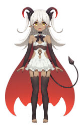 Rule 34 | 1girl, :d, bare shoulders, black bow, black nails, black thighhighs, bow, bridal gauntlets, clothing cutout, commentary request, dark-skinned female, dark skin, demon girl, demon horns, demon tail, dress, fangs, frilled dress, frills, full body, garter straps, hair between eyes, hair bow, heijialan, horns, long hair, looking at viewer, nail polish, navel, navel cutout, no shoes, open mouth, original, pointy ears, simple background, smile, solo, standing, stirrup legwear, strapless, strapless dress, tail, thighhighs, toeless legwear, toenail polish, toenails, two side up, white background, white dress, white hair, yellow eyes