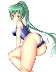 Rule 34 | 1girl, arm support, ass, blush, eyebrows, fire emblem, fire emblem: the blazing blade, green eyes, green hair, high ponytail, long hair, lyn (fire emblem), matching hair/eyes, nintendo, noeomi, ponytail, school swimsuit, simple background, solo, swimsuit, very long hair, white background