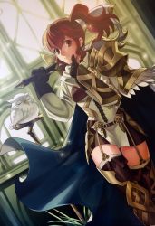 Rule 34 | 1girl, anna (fire emblem), armor, axe, battle axe, belt, bird, cape, feh (fire emblem heroes), female focus, fire emblem, fire emblem cipher, fire emblem heroes, garter straps, gloves, holding, holding weapon, indoors, looking at viewer, matching hair/eyes, nintendo, official art, over shoulder, owl, ponytail, red eyes, red hair, shoulder armor, smile, thighhighs, weapon, weapon over shoulder, zettai ryouiki