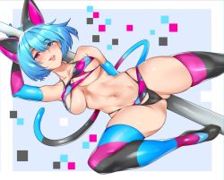 Rule 34 | 1girl, abstract background, animal ears, blue background, blue eyes, blue hair, blush, borrowed character, breasts, cleft of venus, collarbone, elbow gloves, feet out of frame, gloves, hair between eyes, heterochromia, looking at viewer, medium hair, melusmelon, multicolored clothes, multicolored gloves, multicolored legwear, navel, open mouth, original, outside border, pink eyes, pole, pole dancing, shadow, skindentation, solo, striped clothes, striped gloves, striped tail, striped thighhighs, tail, thick thighs, thighhighs, thighs, tongue, tongue out, vomi agogo (slugbox)