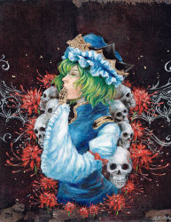 Rule 34 | 1girl, covering own mouth, epaulettes, flower, green eyes, green hair, hat, johnalay, matching hair/eyes, oil painting (medium), painting (medium), rod of remorse, shiki eiki, short hair, signature, skull, sleeves past wrists, solo, spider lily, touhou, traditional media, vest
