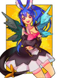 Rule 34 | 1girl, absurdres, angel wings, animal ears, aqua wings, asymmetrical wings, bare shoulders, black dress, blue hair, bow, breasts, chinese zodiac, dark blue hair, detached sleeves, dizzy (guilty gear), dress, feathered wings, green wings, guilty gear, guilty gear 2, guilty gear vastedge xt, hair bow, hair ribbon, high ponytail, highres, large breasts, long hair, long sleeves, looking at viewer, official alternate costume, open mouth, rabbit, rabbit ears, red eyes, ribbon, simple background, tail, tail ornament, tail ribbon, wings, year of the rabbit, yellow background, yellow bow, yellow ribbon, yohane shimizu