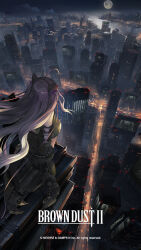 Rule 34 | 1girl, ahoge, animal ears, billboard, black dress, blurry, brown dust 2, building, cat ears, city lights, cityscape, copyright name, dress, fake animal ears, from above, from behind, full body, full moon, grey hair, highres, huge weapon, lake, long hair, looking down, mechanical arms, moon, morphea (brown dust), night, official alternate costume, official art, official wallpaper, rou (brown dust), searchlight, second-party source, shirt, skyline, skyscraper, solo, very long hair, weapon, white shirt