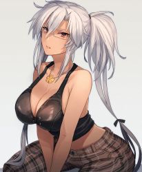 Rule 34 | 1girl, alternate costume, breasts, brown pants, casual, cleavage, collarbone, dark-skinned female, dark skin, glasses, grey background, hair between eyes, highres, jewelry, kantai collection, kasumi (skchkko), large breasts, long hair, musashi (kancolle), musashi kai ni (kancolle), necklace, open mouth, pants, plaid, plaid pants, red eyes, silver hair, simple background, solo, two side up