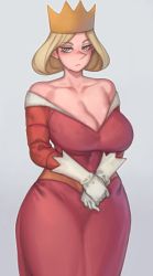 Rule 34 | 1girl, absurdres, bare shoulders, blonde hair, blue eyes, breasts, cleavage, cleavage cutout, closed mouth, clothing cutout, crown, dress, expressionless, gloves, grey background, highres, hilling (ousama ranking), kelvin hiu, large breasts, long nose, looking at viewer, mature female, mature female, ousama ranking, pointy nose, queen, red dress, short hair, simple background, solo, standing, white gloves