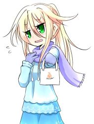 Rule 34 | &gt; o, 100 percent orange juice, 1girl, alternate costume, alternate hairstyle, averting eyes, bag, blonde hair, blue skirt, blue sweater, blush, cowboy shot, drawstring, embarrassed, flying sweatdrops, green eyes, hair between eyes, hair flaps, holding, holding bag, hono, long hair, long sleeves, looking to the side, lowres, one eye closed, ponytail, purple scarf, scarf, simple background, skirt, smiley face, solo, sora (orange juice), standing, suguri, sweatdrop, sweater, valentine, wavy mouth, white background