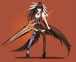 Rule 34 | 1girl, alternate costume, alternate hairstyle, alternate headwear, alternate weapon, arm cannon, boots, bow, brown hair, brown thighhighs, female focus, hair bow, keli bang, long hair, looking at viewer, low wings, open clothes, open vest, ponytail, red eyes, reiuji utsuho, shirt, single boot, skirt, solo, standing, thighhighs, third eye, touhou, vest, weapon, wings, zettai ryouiki