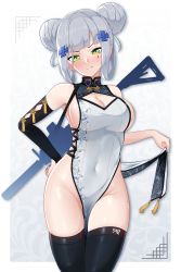 Rule 34 | 1girl, absurdres, alternate costume, alternate hairstyle, assault rifle, bare shoulders, blush, bottomless, breasts, china dress, chinese clothes, cleavage cutout, clothes lift, clothing cutout, double bun, dress, dress lift, girls&#039; frontline, gloves, green eyes, groin, gun, gun on back, h&amp;k hk416, hair bun, half-closed eyes, hand on own hip, head tilt, highres, hk416 (girls&#039; frontline), navel, no panties, pelvic curtain, pelvic curtain lift, rifle, shiny skin, sideboob, silver dress, silver hair, single glove, skindentation, solo, teardrop tattoo, thighhighs, weapon, weapon on back, z.taiga