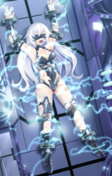 Rule 34 | 1girl, armor, armored boots, armpits, arms up, bare shoulders, bdsm, bit gag, black gloves, black heart (neptunia), black leotard, black thighhighs, blindfold, bondage, boots, bound, bound ankles, bound arms, bound legs, bound torso, bound wrists, bracer, breasts, bruise, cable, cleavage, cleavage cutout, clenched hands, clothing cutout, collarbone, covered collarbone, covered eyes, covered navel, dutch angle, elbow gloves, electricity, electrocution, flipped hair, frown, full body, furrowed brow, gag, gagged, gloves, glowing, halterneck, hip focus, indoors, injury, leotard, long hair, looking at viewer, magical girl, medium breasts, neptune (series), noire (neptunia), parted bangs, restrained, shadow, shiny clothes, skin tight, solo, spread legs, stationary restraints, symbol-shaped pupils, thighhighs, thighs, torn clothes, torn leotard, torn thighhighs, torture, turtleneck, v-shaped eyebrows, very long hair, wavy hair, whip marks, white hair, yasume yukito