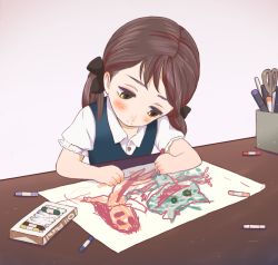 Rule 34 | 1girl, brown hair, child, child&#039;s drawing, crayon, dachaku, desk, drawing, hair ribbon, left-handed, monster, original, ribbon, scissors, solo, twintails, yellow eyes