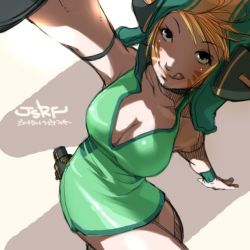 Rule 34 | 1girl, armband, bare shoulders, breasts, cleavage, dress, facepaint, falcoon, gum (jsr), headphones, highres, jet set radio, jet set radio future, licking lips, looking at viewer, outstretched arm, sega, selfie, solo, tongue, tongue out