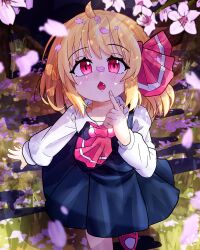 Rule 34 | 1girl, ahoge, ascot, black vest, blonde hair, blush, cherry blossoms, commentary, english commentary, falling petals, fang, hair ribbon, highres, long sleeves, medium hair, open mouth, petal on head, petal on nose, petals, pink petals, red ascot, red eyes, red ribbon, ribbon, rion (user ufvg8527), rumia, skirt, skirt set, solo, spring (season), touhou, vest