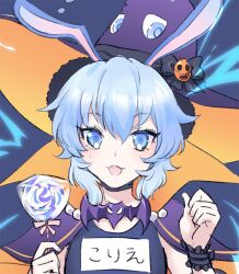 Rule 34 | 1girl, animal ears, blue eyes, blue hair, candy, food, halloween costume, hat, holding, holding candy, holding food, holding lollipop, corriente (show by rock!!), light blue hair, lollipop, looking at viewer, mel6969, open mouth, orange background, rabbit ears, rabbit girl, show by rock!!, smile, solo, swirl lollipop, witch, witch hat