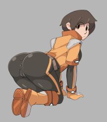 Rule 34 | 1girl, all fours, ass, bangs, belt, bent over, bodysuit, boots, breasts, brown belt, brown bodysuit, brown eyes, brown hair, cameltoe, cleft of venus, closed mouth, covered anus, cropped jacket, eyebrows visible through hair, eyes visible through hair, fat mons, from behind, frown, gloves, grey background, grey bodysuit, highres, jacket, knee boots, labia, long hair, long sleeves, looking at viewer, looking back, mii (nintendo), mii gunner, mons pubis, nintendo, orange footwear, orange gloves, orange jacket, raging barbarians, shiny, shiny clothes, short hair, short sleeves, simple background, single stripe, skin tight, solo, source request, striped bodysuit, super smash bros., thighs