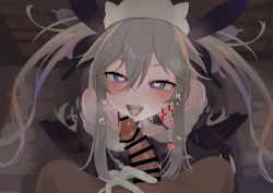 Rule 34 | 1boy, 1girl, bar censor, blush, breasts, censored, cleavage, cum, cum in mouth, from above, gloved handjob, gloves, grey hair, hair between eyes, half-closed eyes, handjob, heart, heart-shaped pupils, hetero, highres, hijirime laeria, indie virtual youtuber, long hair, looking at viewer, open mouth, penis, pov, pov crotch, purple eyes, solo focus, strigidae, symbol-shaped pupils, teeth, very long hair, virtual youtuber